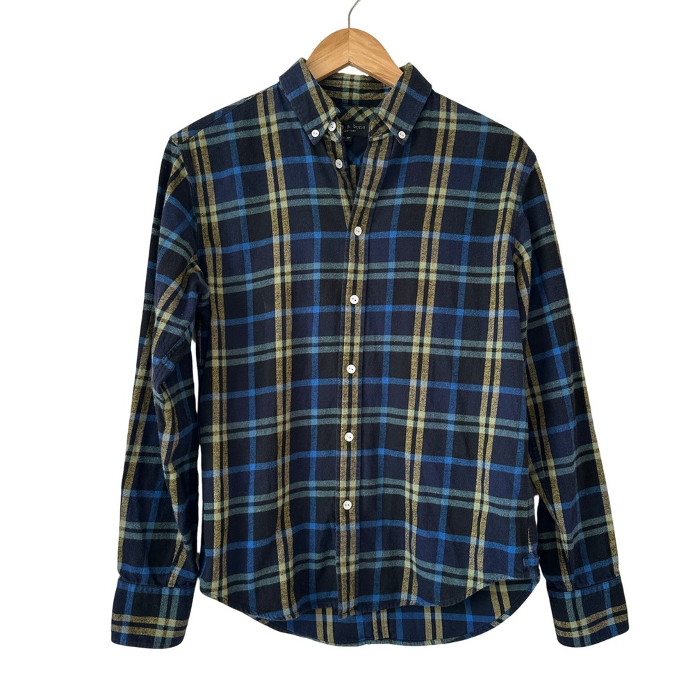 Rag & Bone Navy Blue Yellow Plaid Cotton Flannel Button Down Shirt XS
